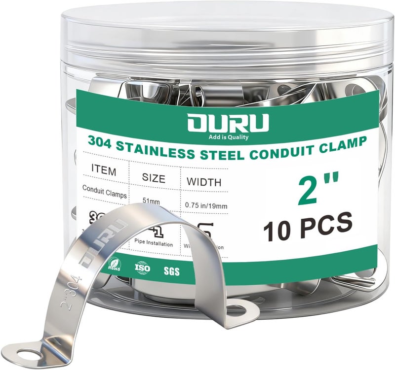 ORU 10pcs 2 Inch Conduit Clamp 304 Stainless Steel, Rigid Metal Pipe Clamp U Bracket, 2 Holes Pipe Strap for Automotive, Wire & Tube - Image 1